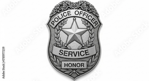 Closeup of a silver police officer badge with a star in the center symbol of law enforcement and service