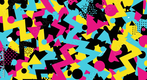 Retro abstract background featuring a vibrant and chaotic pattern of colorful geometric shapes in a nostalgic 80s and 90s design style