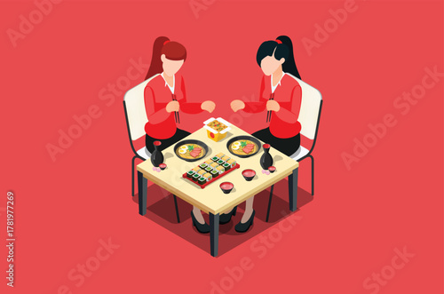 Vector Illustration of celebrating Chinese holidays by eating dim sum and noodles for long life, with 3d isometric style Suitable for Infographics, Game Assets and Other Graphic Related Assets