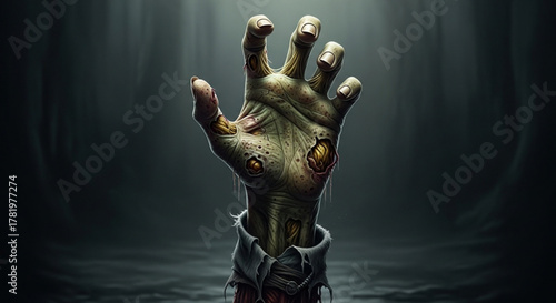 A zombie hand reaching out from the darkness, a symbol of horror and the undead perfect for halloween or horrorthemed projects