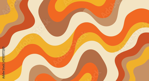 Groovy abstract wavy background with a retro 1970s color palette featuring warm shades of orange, yellow, and brown
