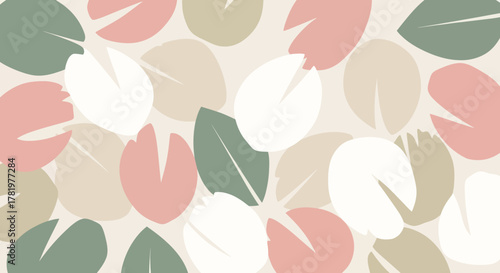 Abstract botanical motif featuring gently overlapping leaves in a soothing palette of muted greens, blush pinks, and creams, ideal for contemporary design projects