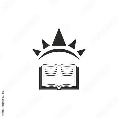 Simple black and white logo of an open book with a crown or sunburst symbol.