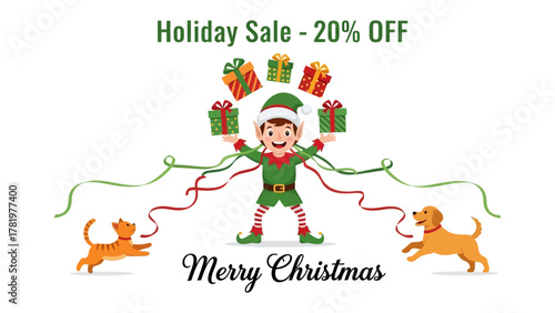Festive Elf's Holiday Cheer: An adorable elf, amidst the holiday sale, spreads joy by juggling colorful gifts, embraced by playful pets and the merry spirit of Christmas.