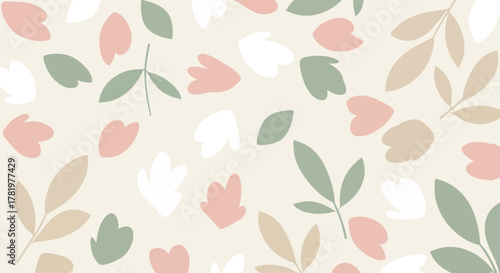 Soft pastel floral pattern with leaves and petal shapes on a light cream background, elegant and delicate botanical design