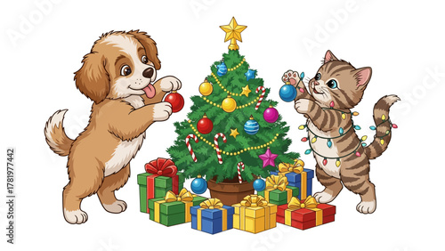 Festive Friends Decorating: A playful puppy and a cute kitten team up to decorate a vibrant Christmas tree, surrounded by colorful presents, creating a scene of holiday cheer and friendship.
