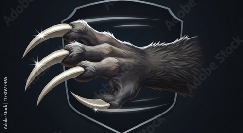 A menacing werewolf claw ripping through a shield, symbolizing power and danger, perfect for fantasy or horror themes