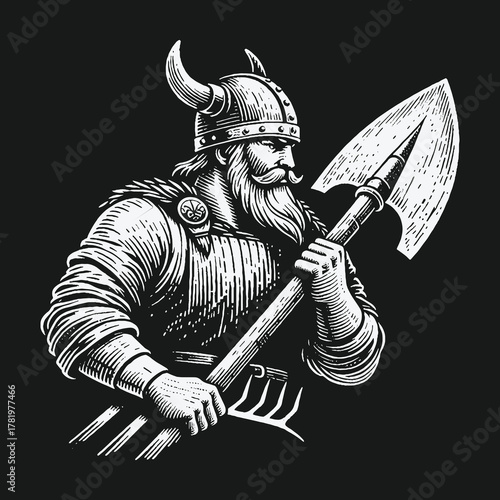 Monochrome engraving style illustration of a fierce Viking warrior.
