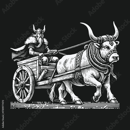 Viking warrior in a horned helmet driving a powerful bull drawn cart.