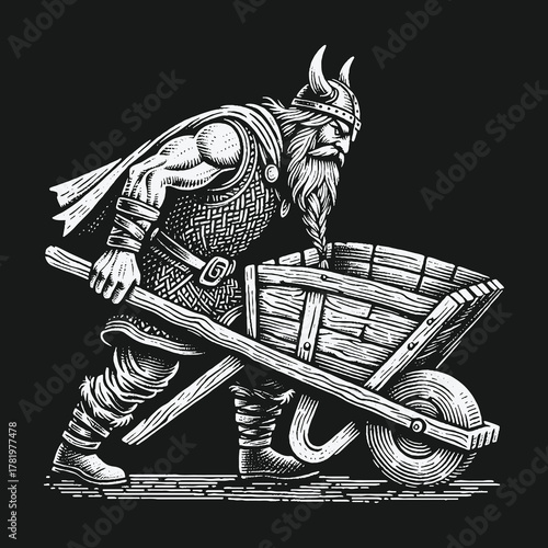 Powerful Viking warrior pushing a heavy wooden wheelbarrow illustration.