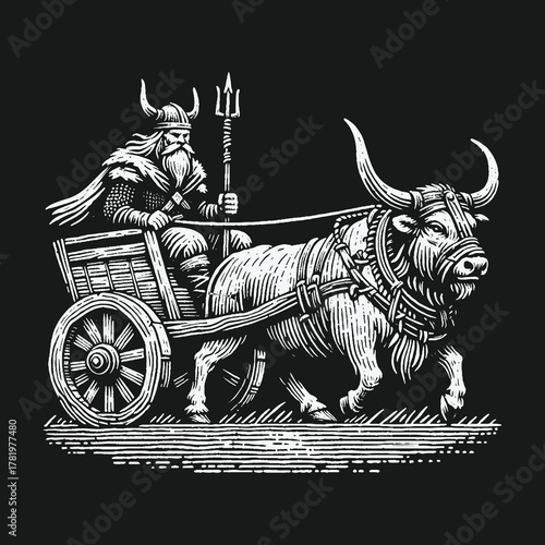 Ancient Viking warrior in a horned helmet riding a bull drawn chariot.