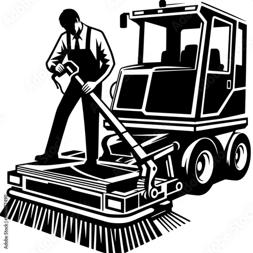 Runway Worker Operating Sweeper Machine