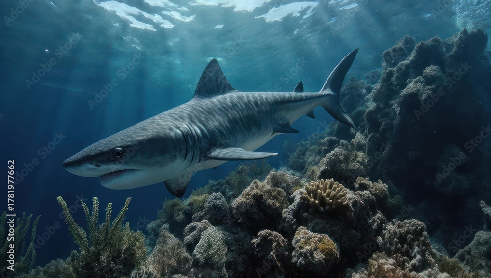 Fototapeta premium A sleek shark swims majestically through sunlit ocean waters near colorful coral reefs