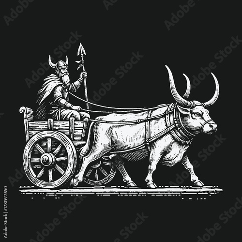 Viking warrior with spear riding in an ox drawn cart illustration.