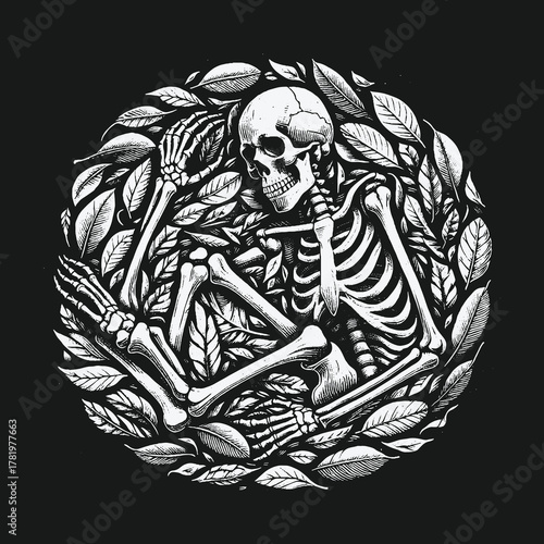 Gothic skeleton illustration resting in a circle of leaves.
