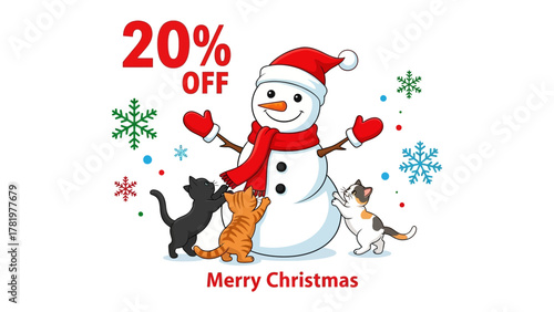 Festive Cat Christmas Promotion: A charming illustration depicts a jovial snowman adorned with a festive hat, scarf, and gloves, surrounded by playful cats, and showcasing a Christmas promotion. 