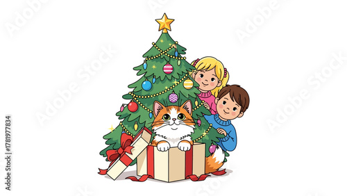 Holiday Delight: Two children and a charming cat joyfully anticipate the season's magic, surrounded by a festive Christmas tree adorned with ornaments and a wrapped gift.