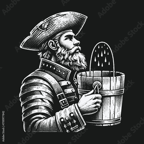 Vintage black and white illustration of a bearded pirate holding a splashing water bucket.