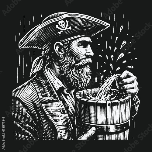 Vintage black and white illustration of a pirate squeezing water into a wooden bucket.