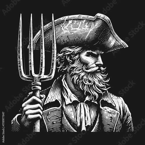 Historical engraving of a colonial American farmer holding a pitchfork.