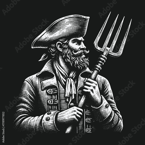 Vintage engraving style illustration of a colonial man holding a pitchfork.