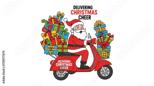 Santa's Christmas Delivery: A jolly character on a red scooter, overloaded with festive gifts, spreading holiday cheer and delivering the spirit of Christmas.