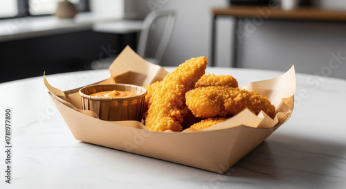 Appetizing Fried Chicken or Fish Tenders Served in an Eco-Friendly Brown Cardboard Tray with Dipping Sauce Cup on a White Marble Table