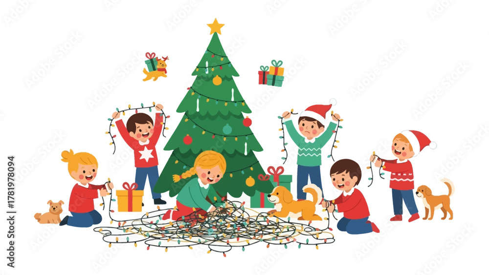 Fototapeta premium Decorating the Holiday: Joyful children adorn a festive tree with twinkling lights, embodying the joyous spirit of Christmas.