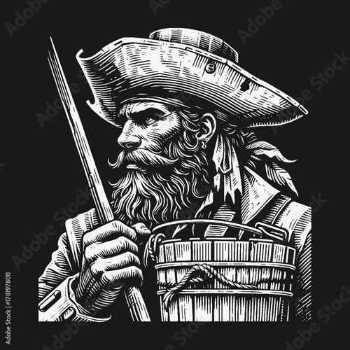 Monochrome Engraving of a Bearded Historical Seaman with Tricorn Hat.