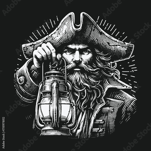 Monochrome Engraving Style Illustration of a Pirate Captain.