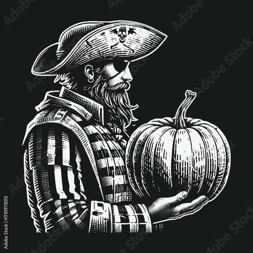 Vintage pirate with an eyepatch and beard holding a Halloween pumpkin.