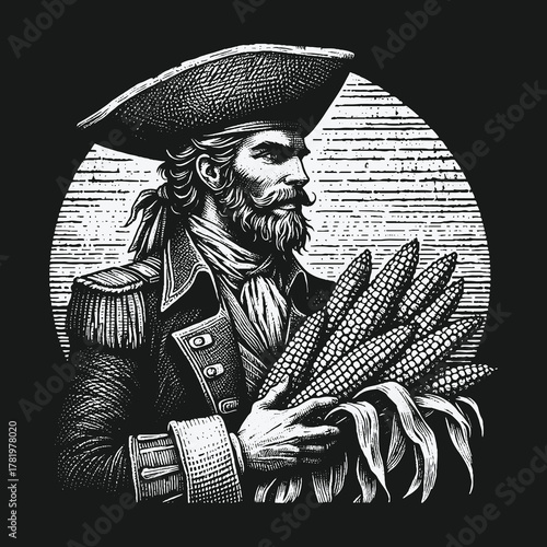 Historical Colonial Man in Tricorn Hat Holding Corn Harvest.