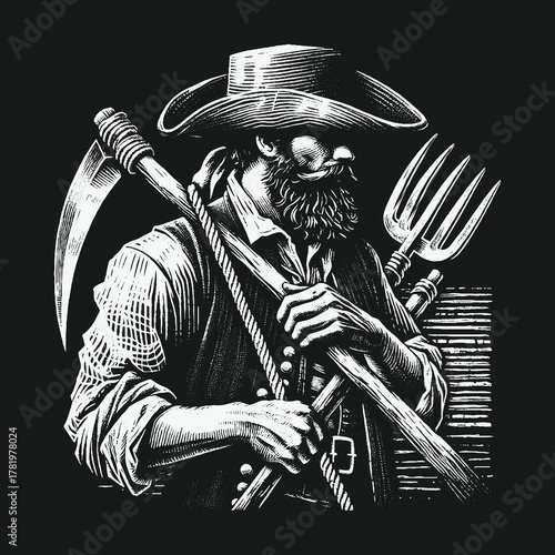 Vintage illustration of a bearded farmer holding a scythe and pitchfork.