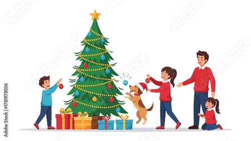 Cozy Christmas Moments: A family decorates a Christmas tree, creating a festive atmosphere filled with love, joy, and the spirit of the season.