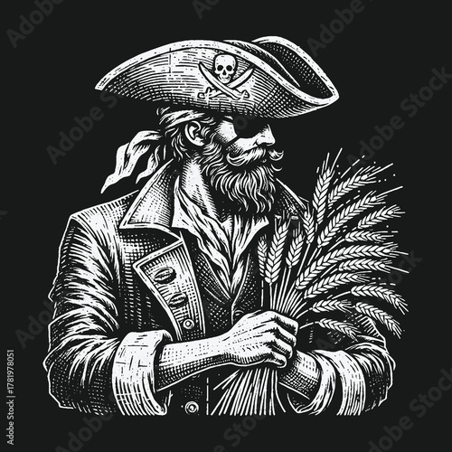 Vintage pirate captain holding a sheaf of wheat illustration.