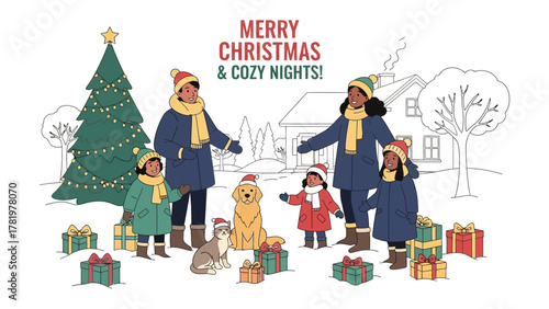 Christmas Family Celebration: A heartwarming scene unfolds as a family, adorned in winter attire, gathers to celebrate Christmas, surrounded by festive gifts, cheerful pets.