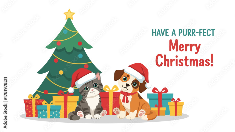 Naklejka premium Holiday Greetings: A heartwarming illustration of a festive Christmas scene, featuring a playful kitten and a joyful puppy, both wearing Santa hats.