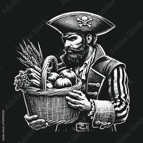 Vintage Pirate Captain Holding a Basket of Harvest Vegetables.