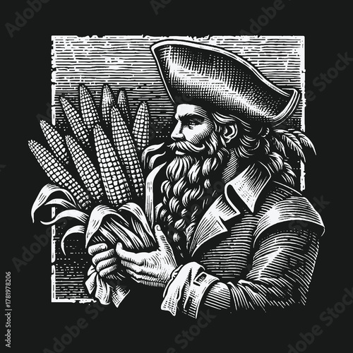 Historical engraving of a pilgrim farmer with a harvest of maize.