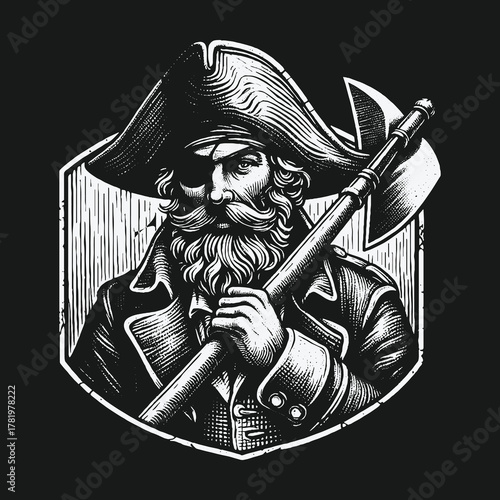 Stern Bearded Pirate Captain with Axe in a Vintage Engraved Style.