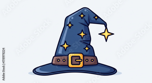 A blue wizard hat with yellow stars and a brown belt it is a cartoon style illustration of a magic hat
