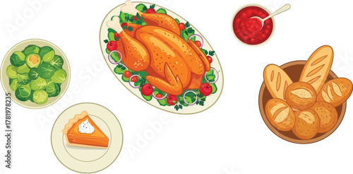 Festive Thanksgiving dinner spread with roast turkey, pumpkin pie, cranberry sauce, and fresh bread, perfect for holiday gatherings and family feasts