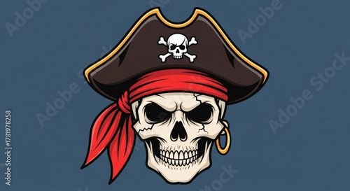 A skull wearing a pirate hat with crossbones and a red bandana it is a cartoon style illustration of a pirate skull
