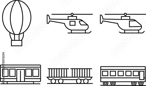 Transportation Outline Icons Collection Featuring Hot Air Balloon Helicopters and Train Cars
