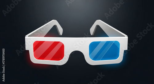 A pair of 3d glasses with one red lens and one blue lens on a dark background offering a retro and modern viewing experience