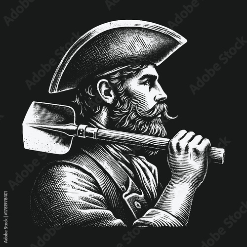 Vintage engraving style portrait of a pioneer with a shovel.