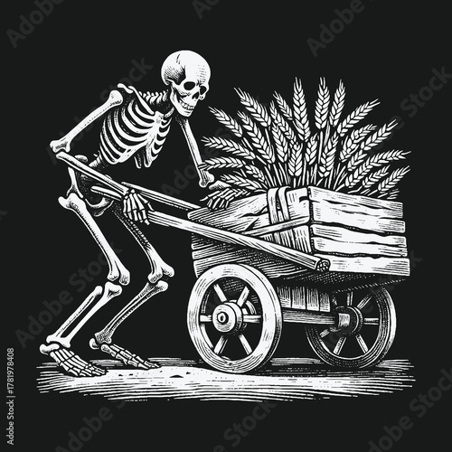 The final harvest a skeleton pushes a cart of wheat.