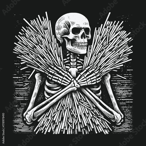 Monochrome engraving style illustration of a skeleton holding a sheaf of straw.