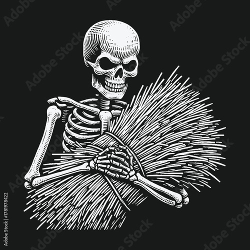 Monochrome engraving style illustration of a skeleton holding a bundle of hay.