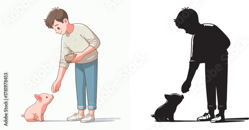 Vector set and shilhouttes image of a man feeding a pig on a white background